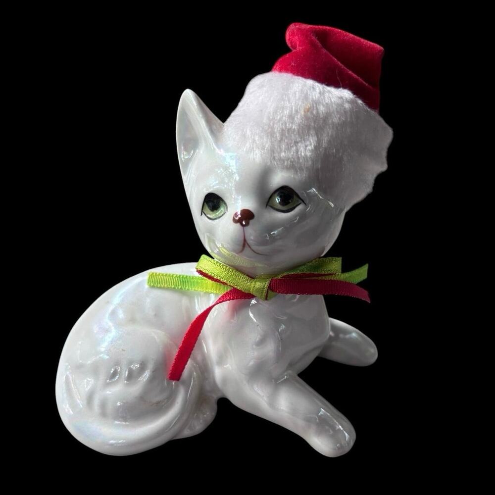 Vintage Anesco Christmas Kitty Vat Kitten in Santa Hat 1988 Green & Red Bow